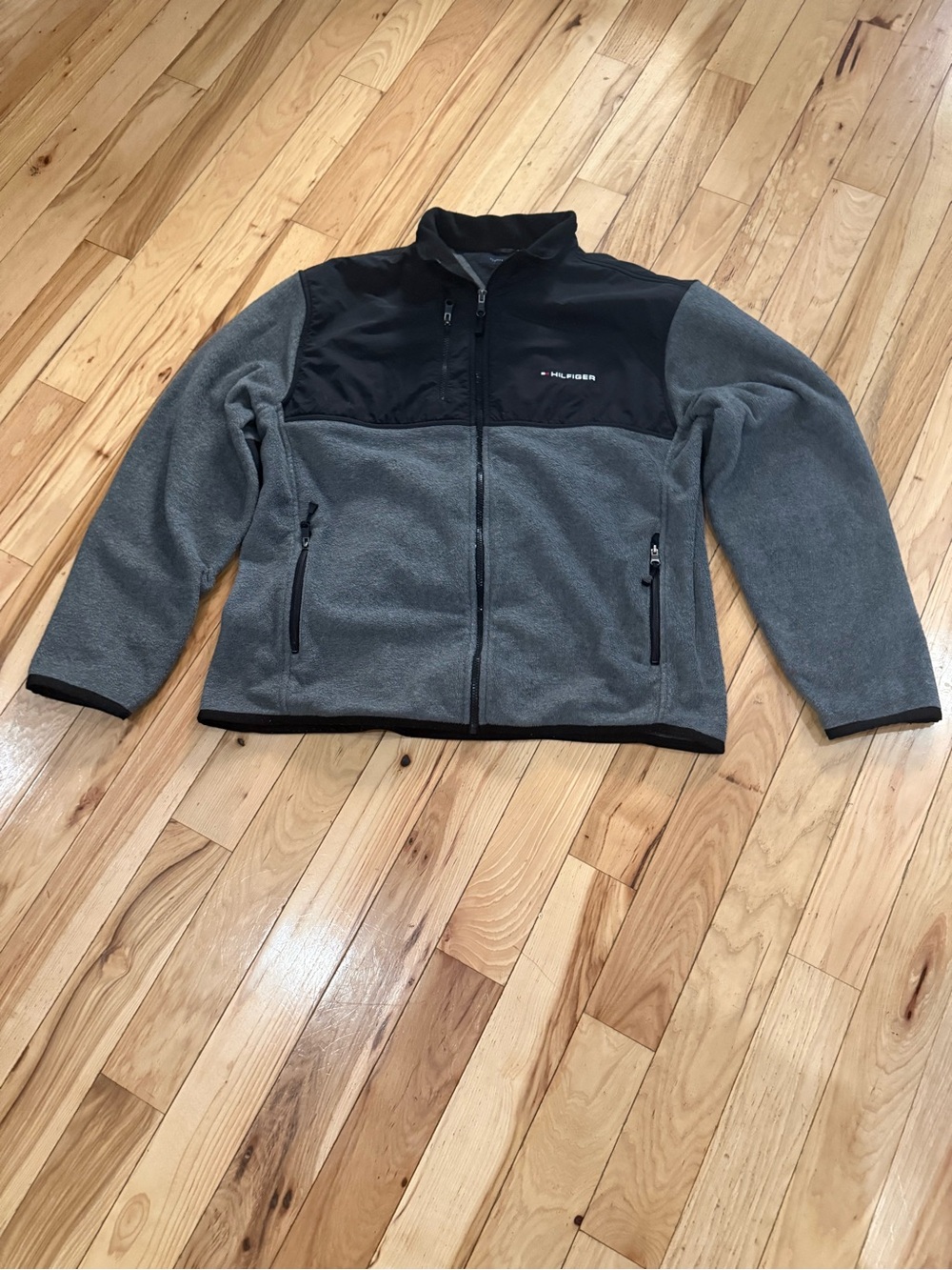 Tommy Hilfiger Size XL, grey and black fleece jacket with full front zip